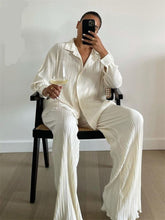 Lizakosht New Luxury Pleated Women's Set Oversized Two Piece Set Turn Down Collar Shirt Top And Pants Sets Casual High Street